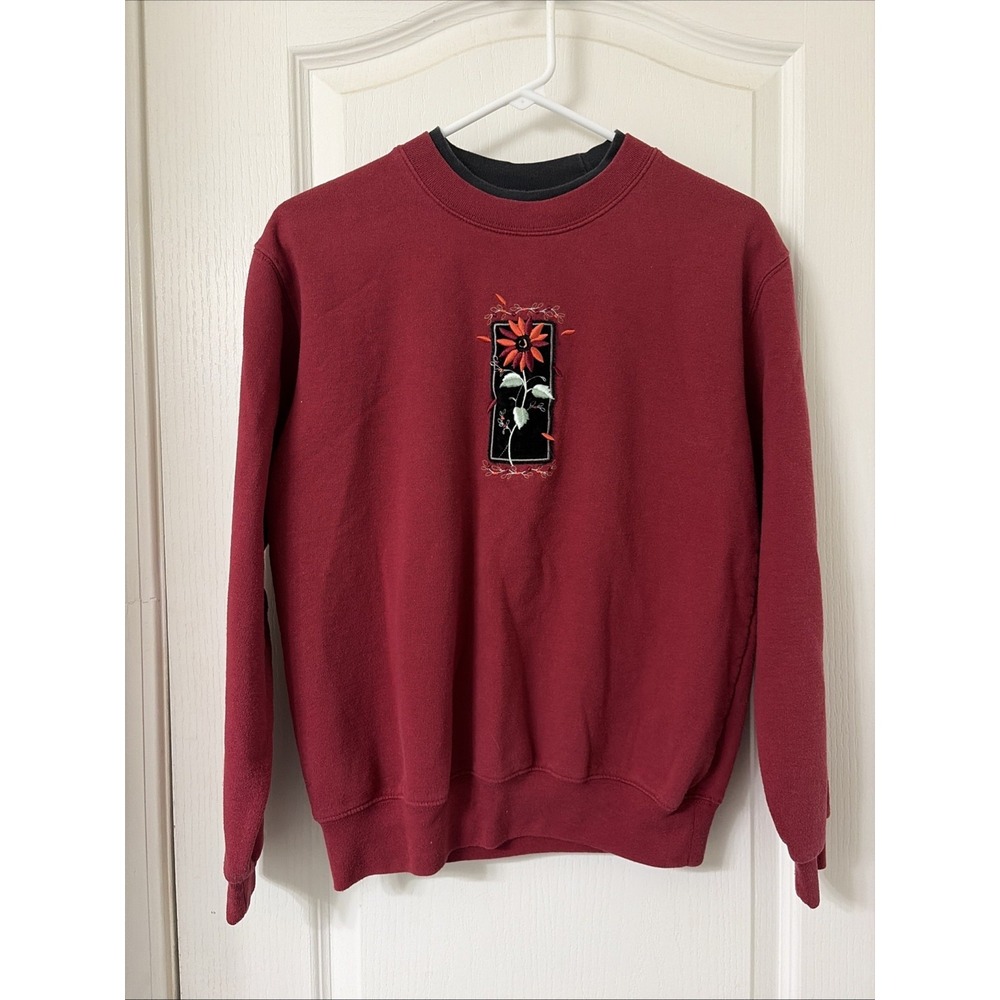 Vintage Y2K Day Breeze Flower Embroidered Crewneck Sweater Red & Black